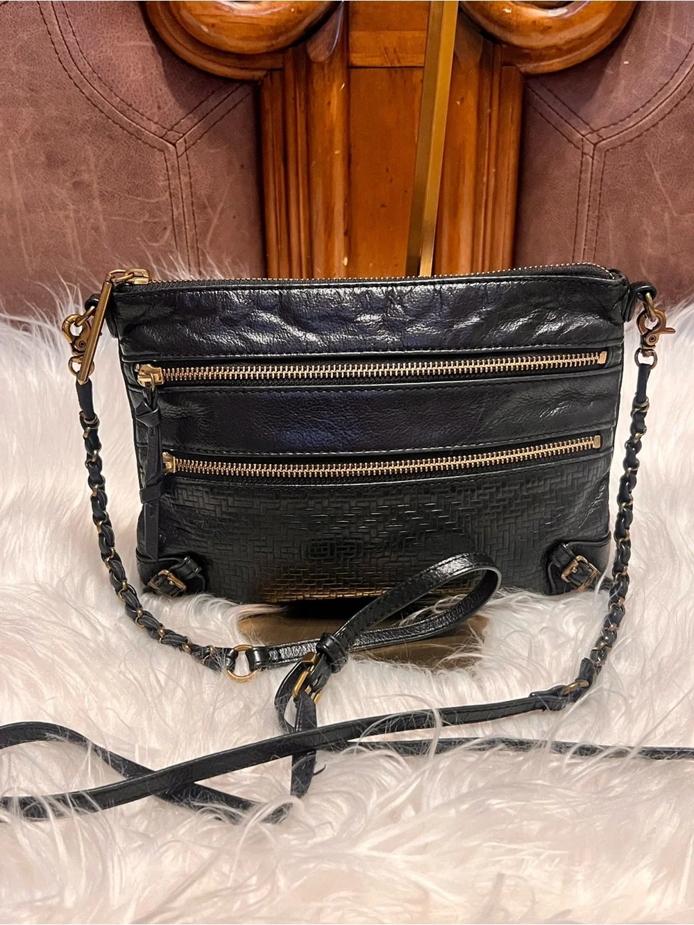 Elliott Lucca  Messina 3-Zip Leather Black Leather  with Gold-Tone crossbody bag